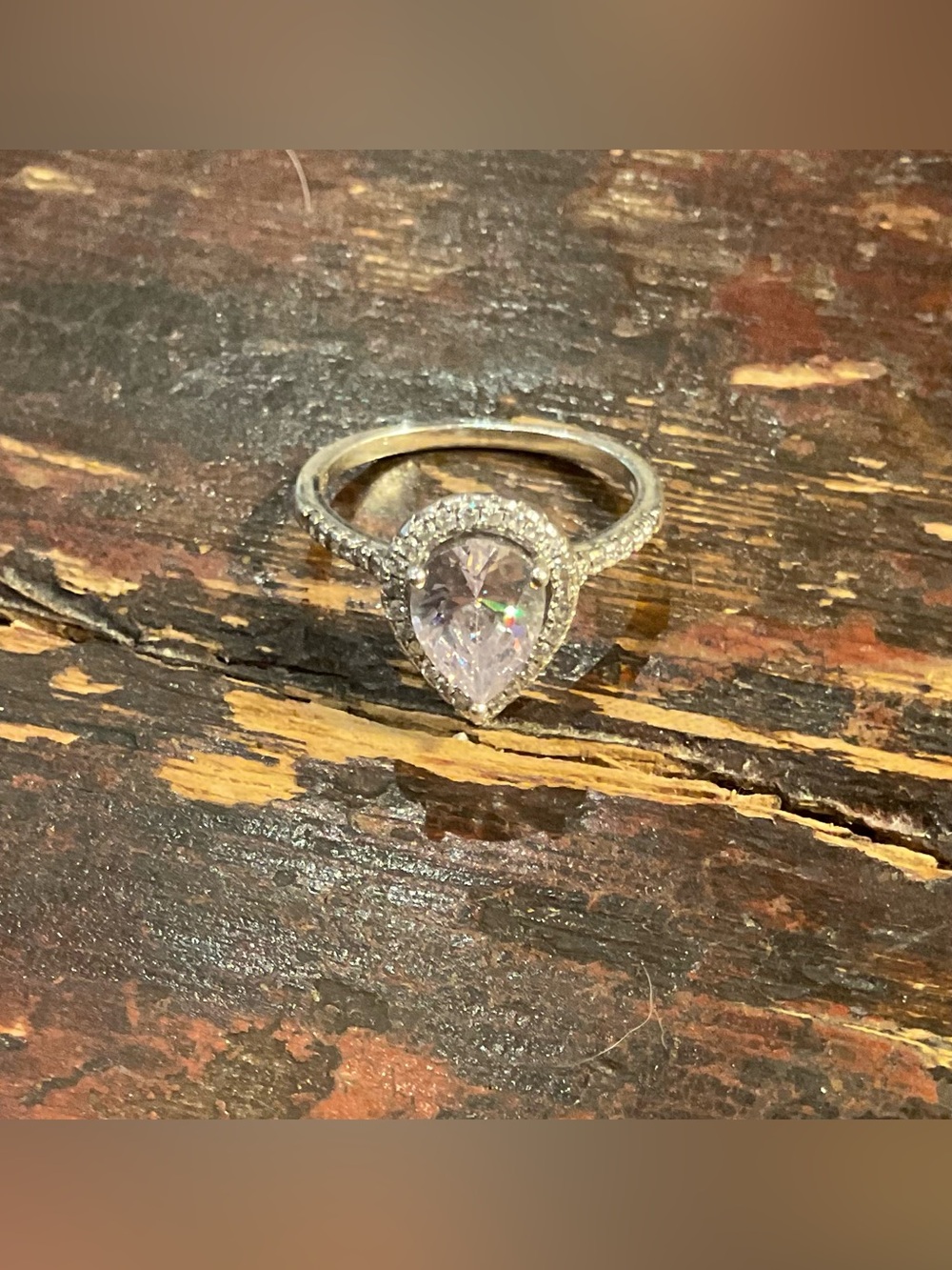 Sterling Silver Pear-Shaped Very Light Pink CZ Ring in gorgeous setting.
